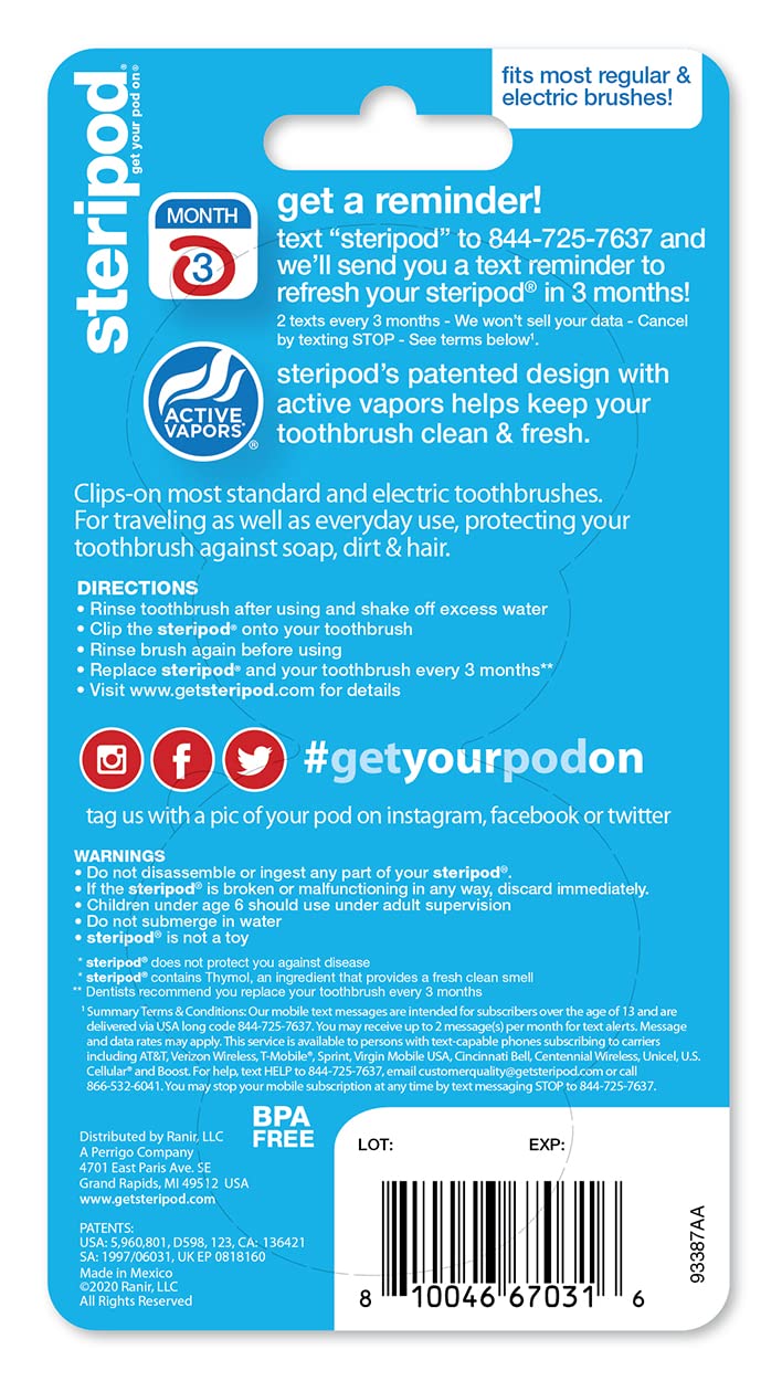 Steripod حامي فرشاة الأسنان للأطفال من ستيريبود، يحافظ على فرشاة الأسنان نظيفة ومنعشة، يناسب معظم فرش الأسنان اليدوية والكهربائية، أحمر وأزرق لامع، 2 قطعة - Image 2